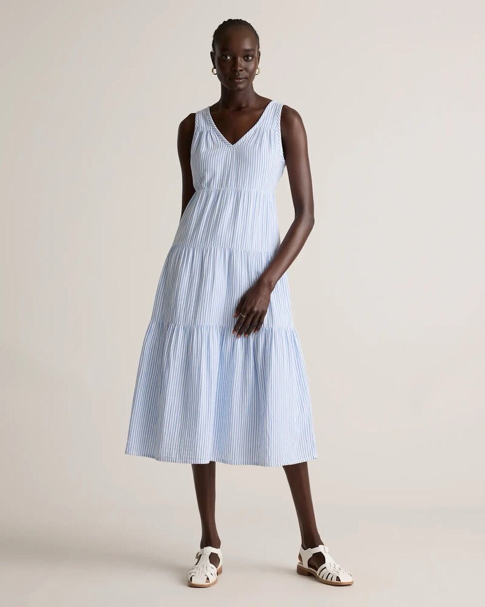 Quince 100% Organic Cotton Gauze Tiered Maxi Dress Blue White Striped Size S/M